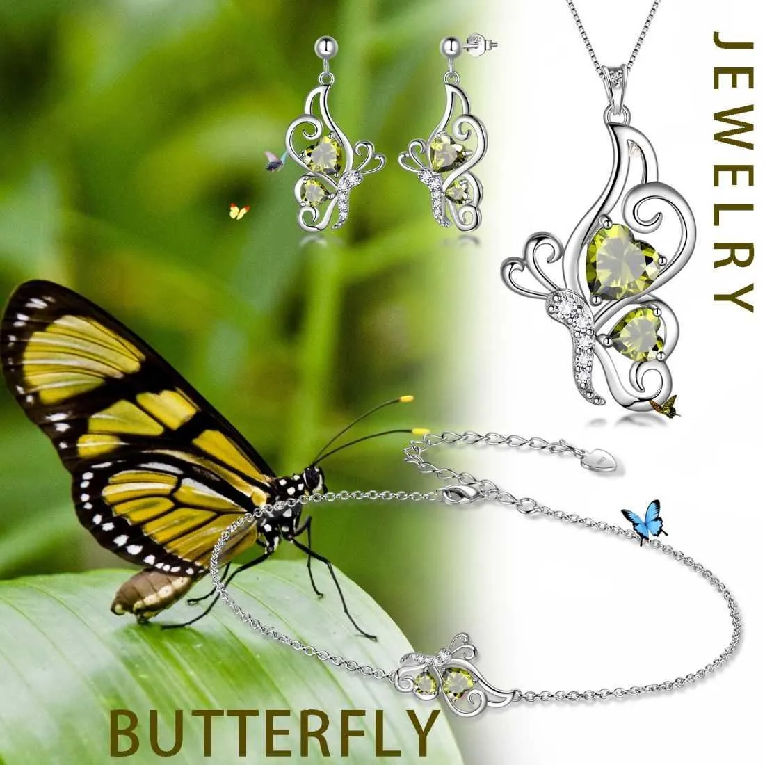 Butterfly Birthstone August Peridot Jewelry Set 4PCS Women Girls Birthday Gift