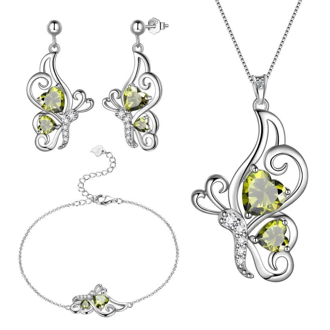 Butterfly Birthstone August Peridot Jewelry Set 4PCS Women Girls Birthday Gift