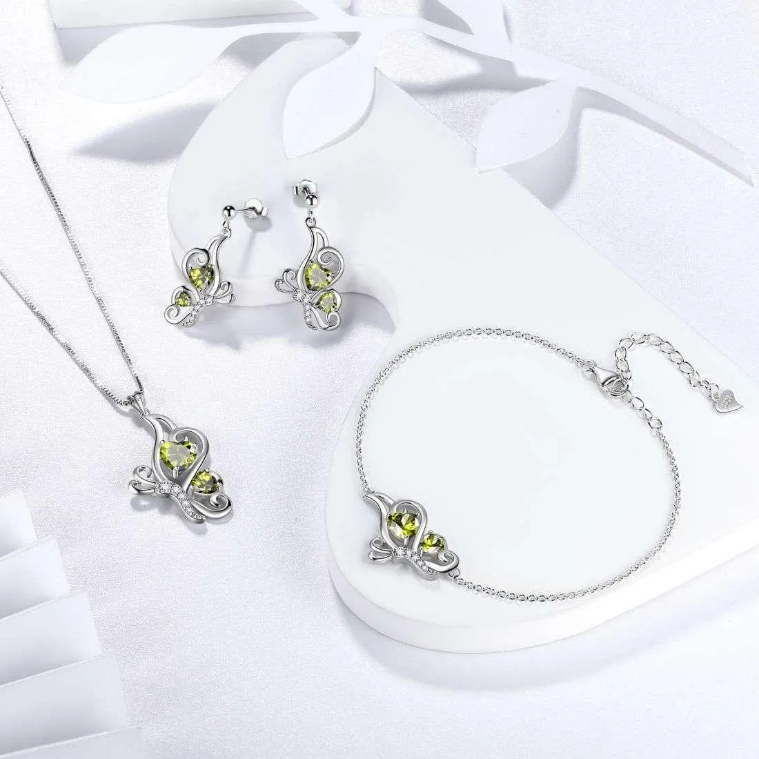 Butterfly Birthstone August Peridot Jewelry Set 4PCS Women Girls Birthday Gift