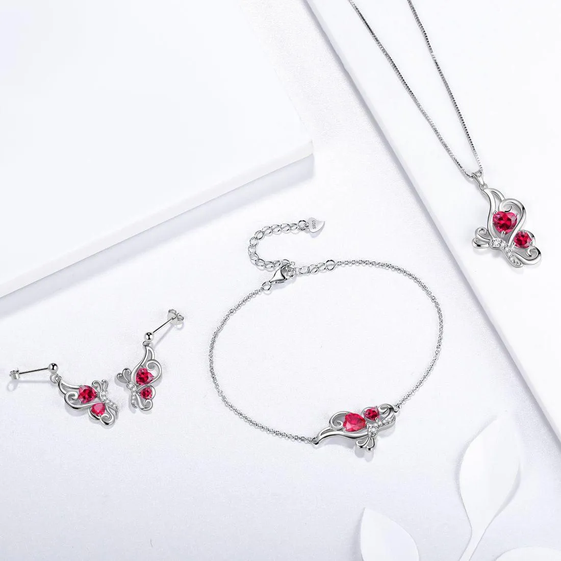 Butterfly Birthstone July Ruby Jewelry Set 4PCS Women Girls Birthday Gift