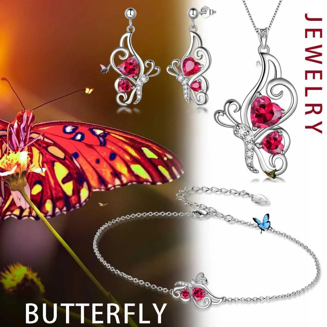 Butterfly Birthstone July Ruby Jewelry Set 4PCS Women Girls Birthday Gift