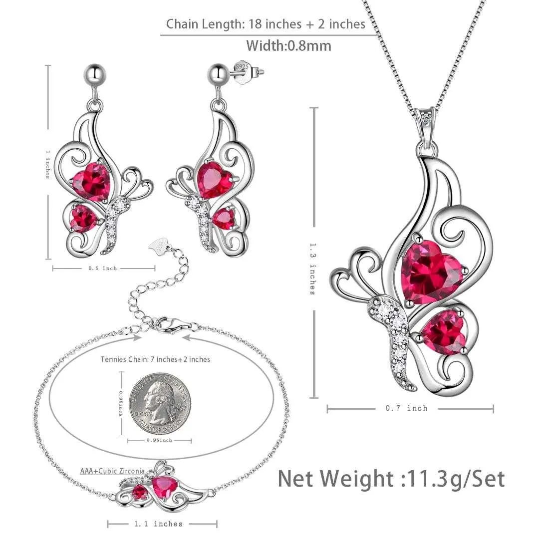 Butterfly Birthstone July Ruby Jewelry Set 4PCS Women Girls Birthday Gift