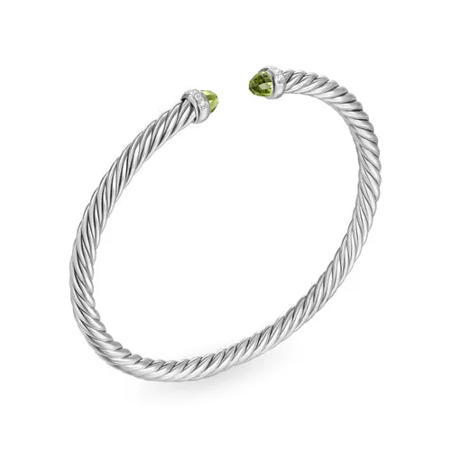 Cablespira Flex Bracelet in Sterling Silver with Peridot and Diamonds, 4mm, Size Medium