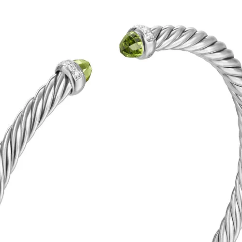 Cablespira Flex Bracelet in Sterling Silver with Peridot and Diamonds, 4mm, Size Medium