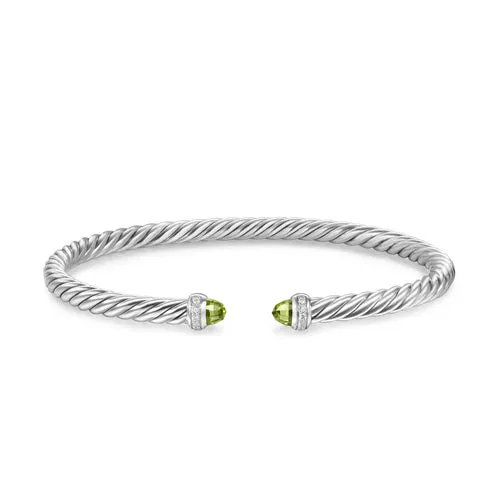 Cablespira Flex Bracelet in Sterling Silver with Peridot and Diamonds, 4mm, Size Medium