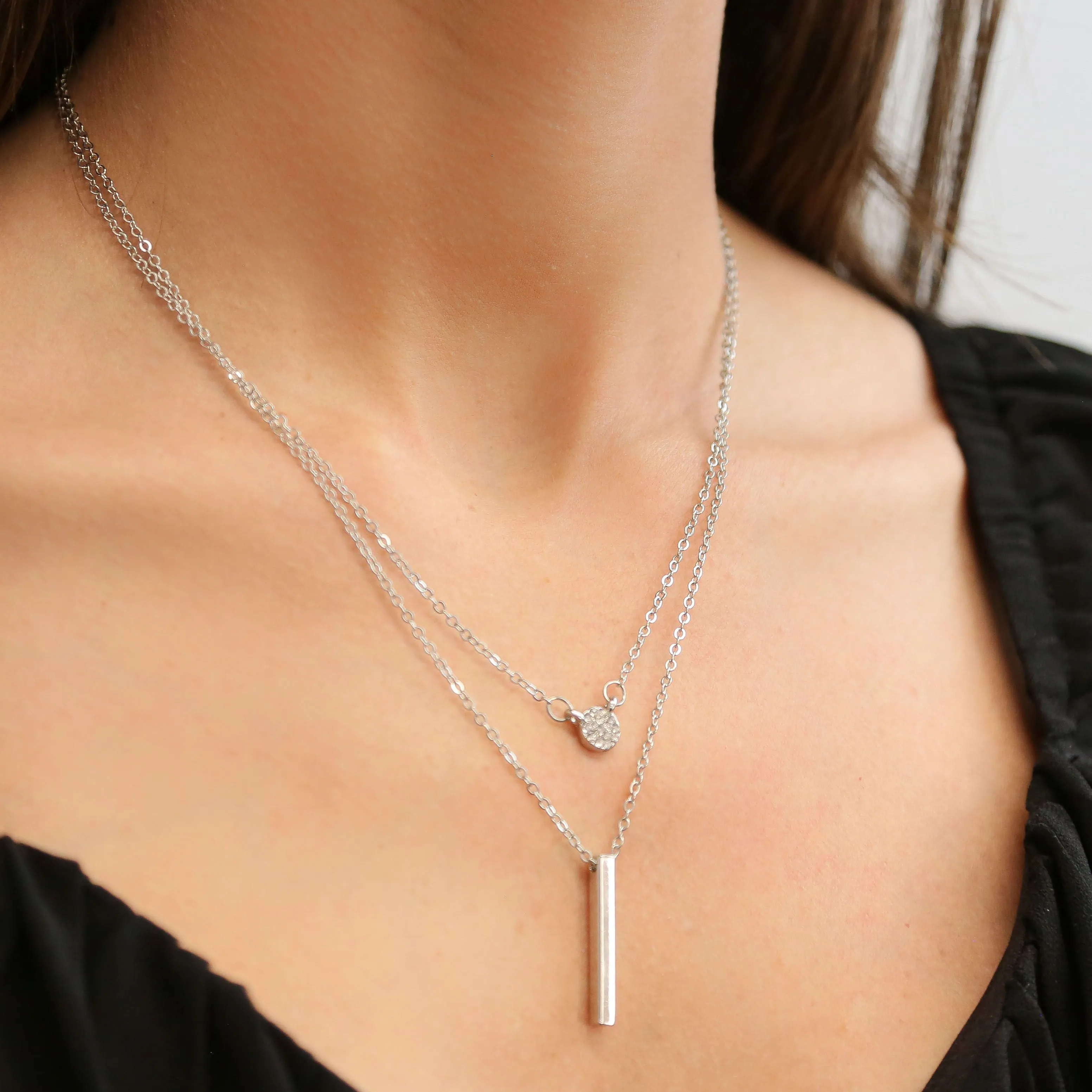 CALISTA -  Silver Double Chain Necklace with Rod and Circular Charm