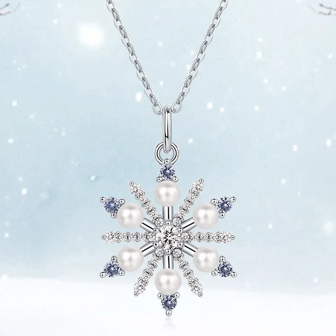 Christmas Pearl and Zircon Snowflake Pendant Sterling Silver Necklace