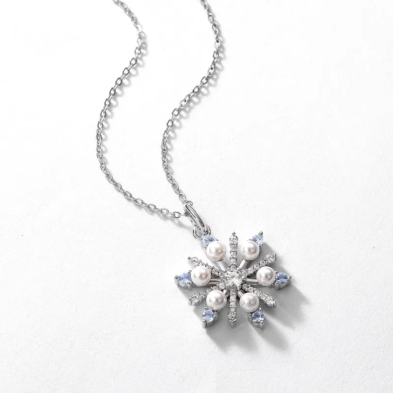 Christmas Pearl and Zircon Snowflake Pendant Sterling Silver Necklace