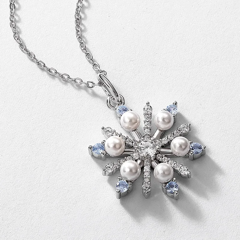 Christmas Pearl and Zircon Snowflake Pendant Sterling Silver Necklace