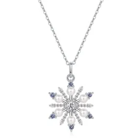 Christmas Pearl and Zircon Snowflake Pendant Sterling Silver Necklace