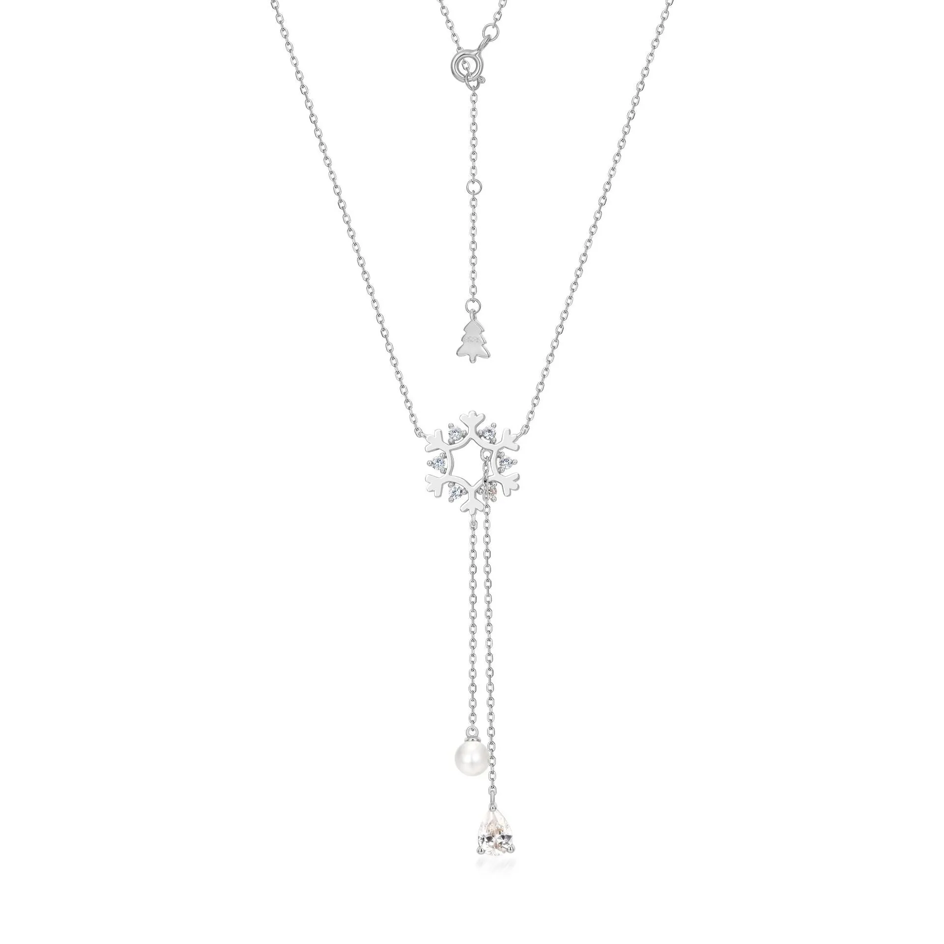 Christmas Zircon Pearl Snowflake Tassel Sterling Silver Necklace