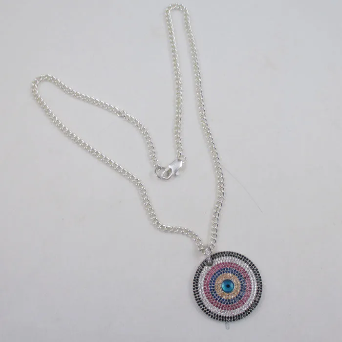 Circle Multi-stone Pendant of  Silver Chain Necklace