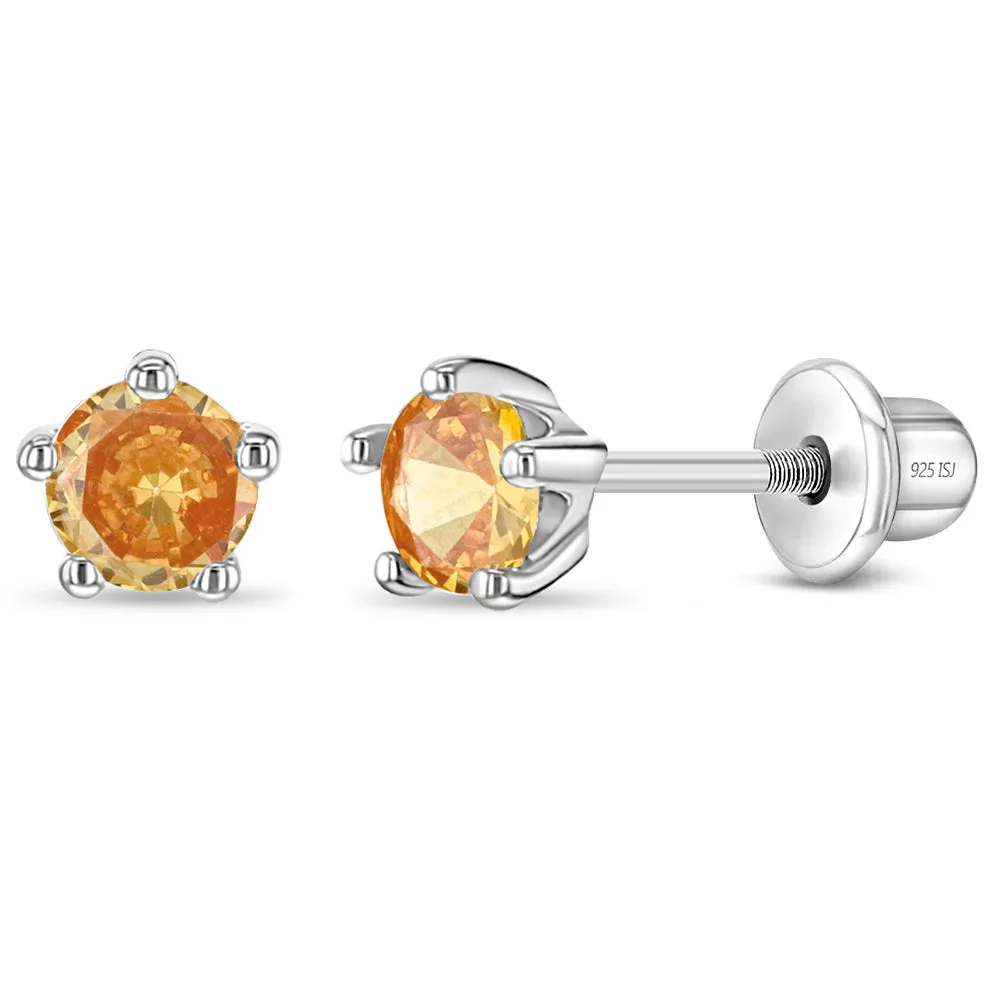 Classic CZ Birthstone Solitaire 4mm Baby / Toddler / Kids Earrings Screw Back - Sterling Silver