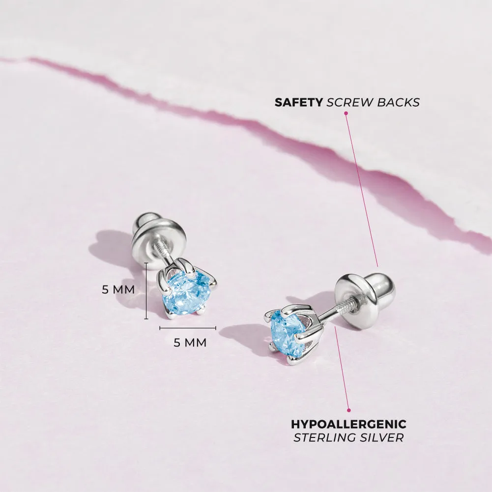 Classic CZ Birthstone Solitaire 4mm Baby / Toddler / Kids Earrings Screw Back - Sterling Silver