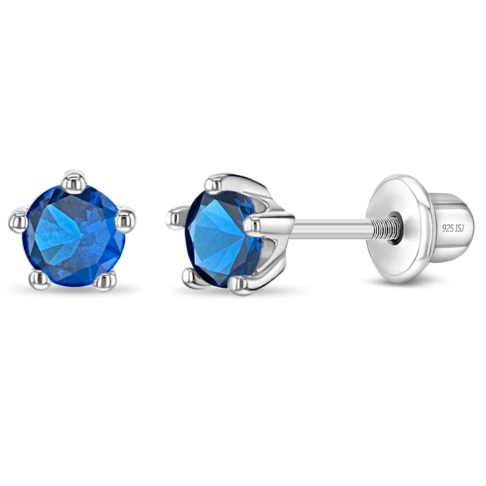 Classic CZ Birthstone Solitaire 4mm Baby / Toddler / Kids Earrings Screw Back - Sterling Silver