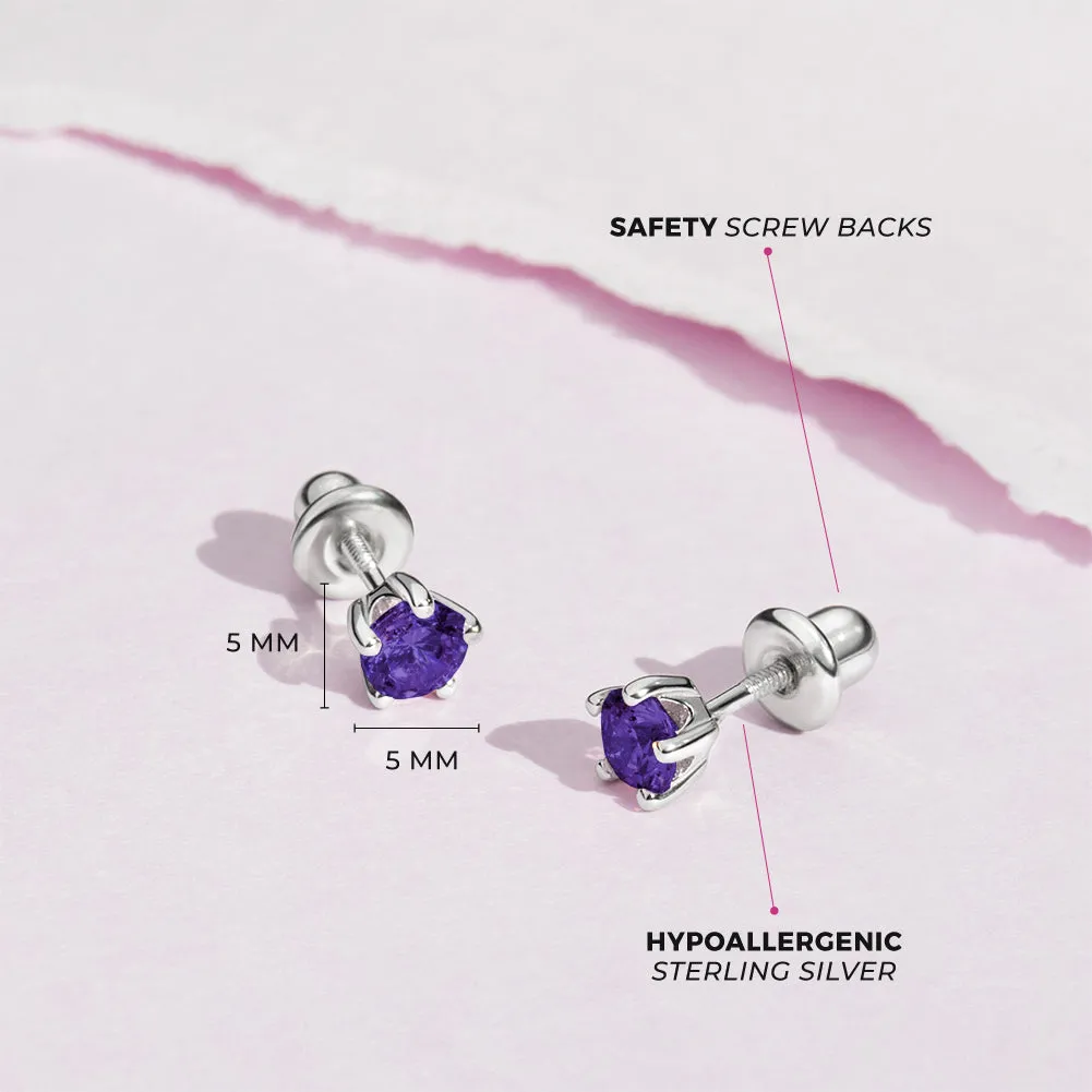 Classic CZ Birthstone Solitaire 4mm Baby / Toddler / Kids Earrings Screw Back - Sterling Silver