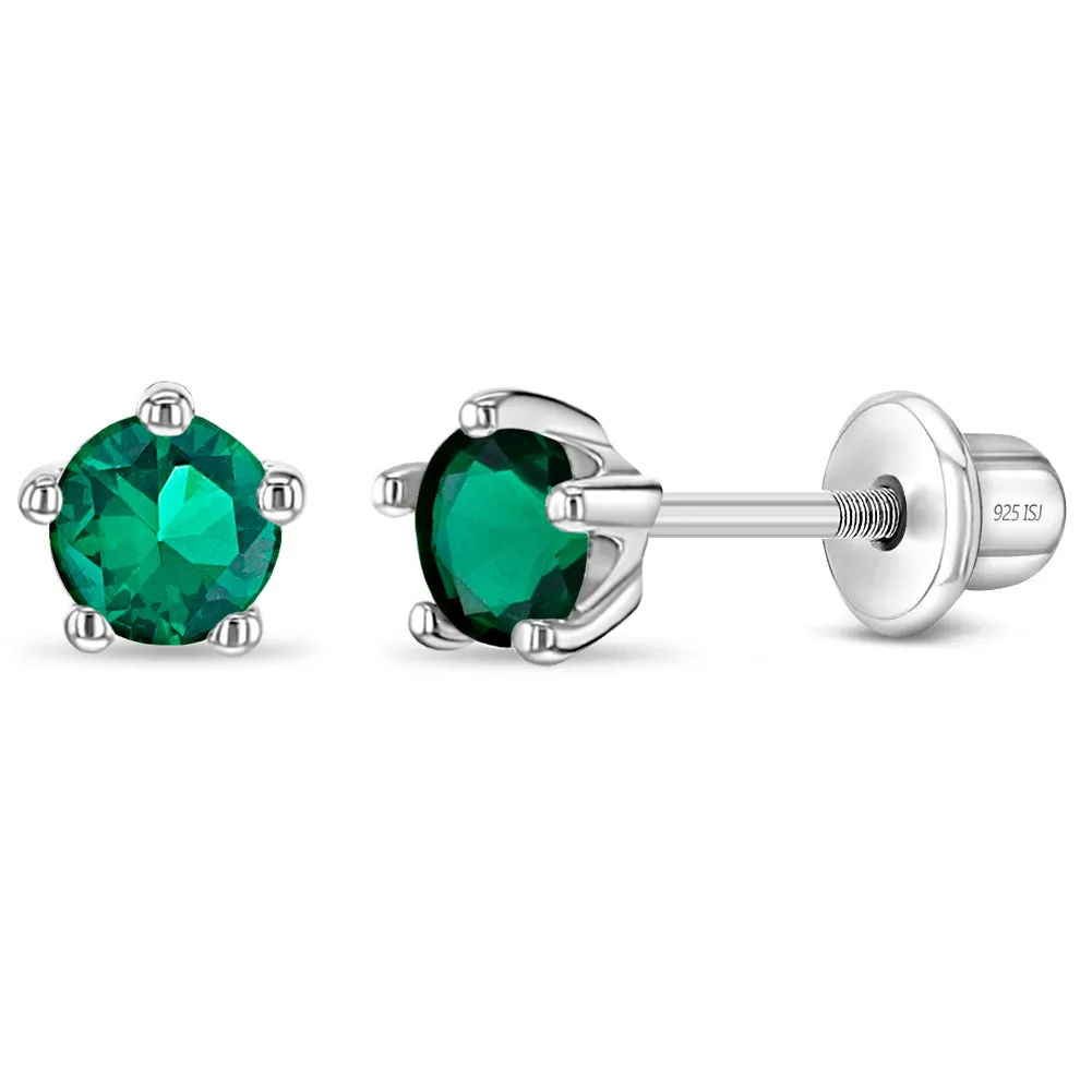 Classic CZ Birthstone Solitaire 4mm Baby / Toddler / Kids Earrings Screw Back - Sterling Silver