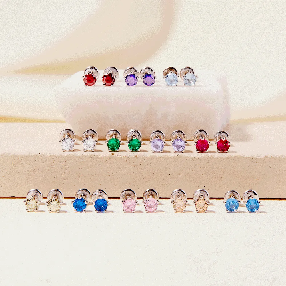 Classic CZ Birthstone Solitaire 4mm Baby / Toddler / Kids Earrings Screw Back - Sterling Silver