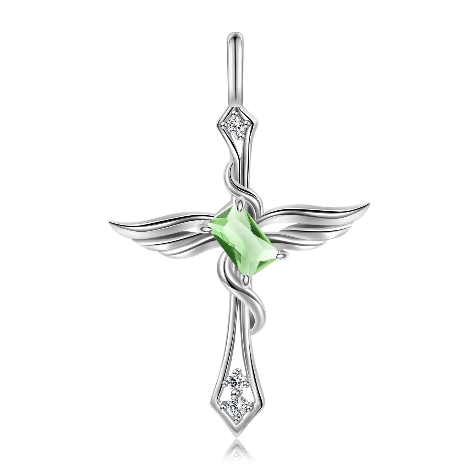 Colourful Radiant Cut Zircon Angle Wings Cross Pendant Silver Necklace