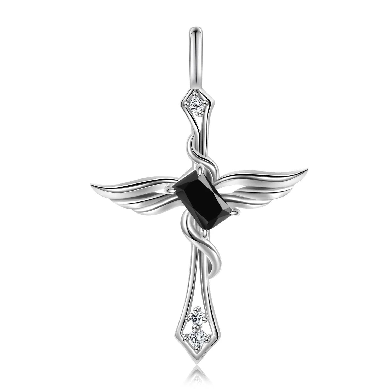 Colourful Radiant Cut Zircon Angle Wings Cross Pendant Silver Necklace