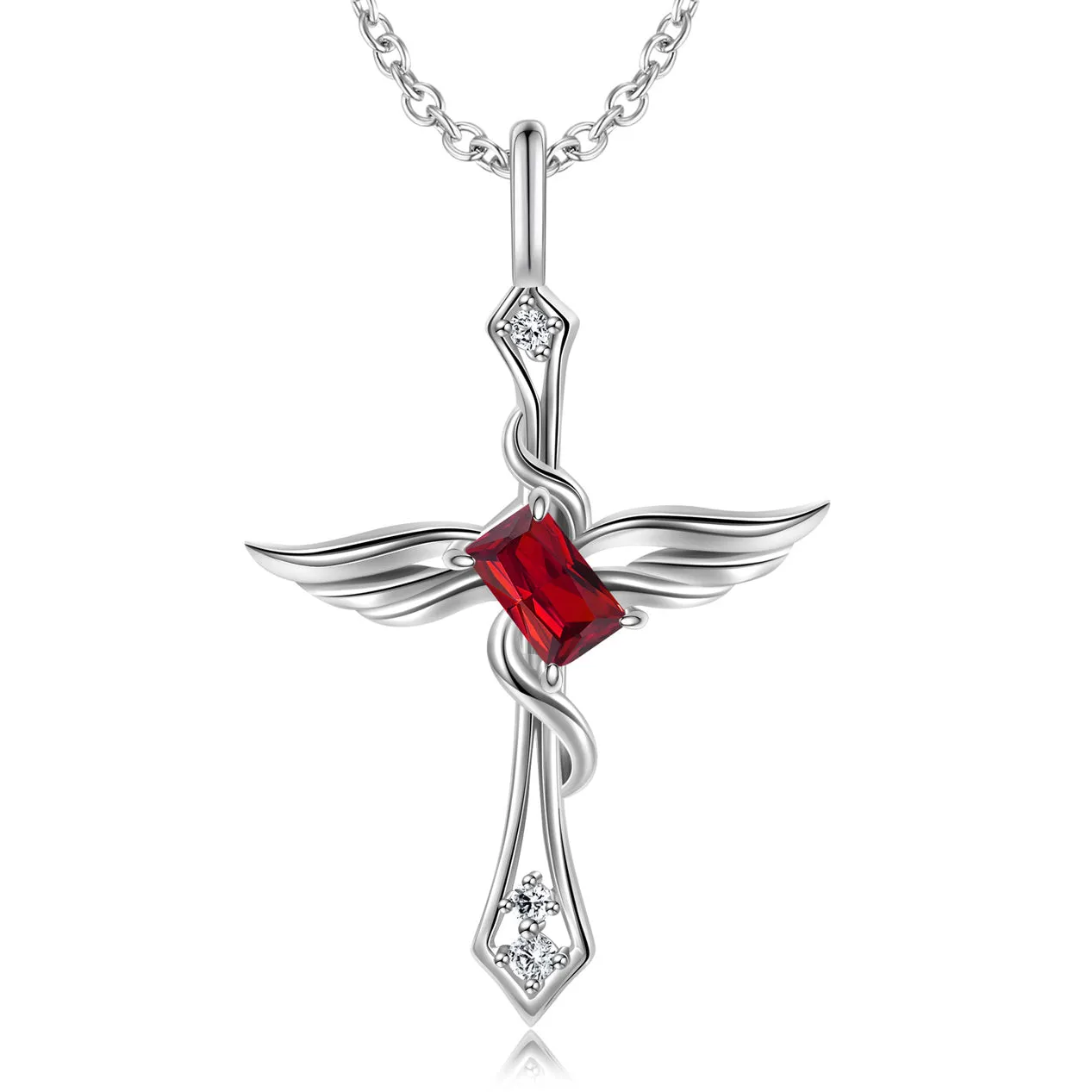 Colourful Radiant Cut Zircon Angle Wings Cross Pendant Silver Necklace