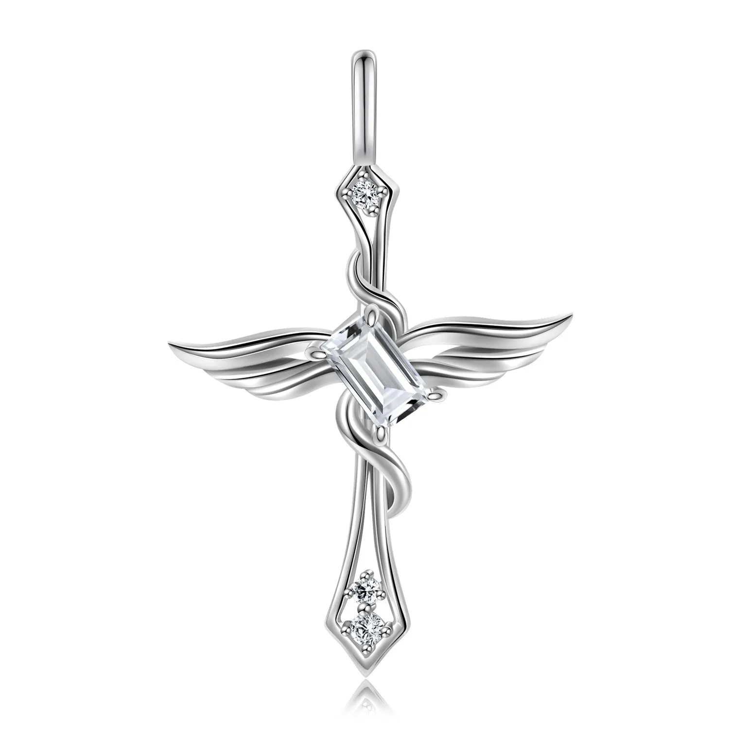 Colourful Radiant Cut Zircon Angle Wings Cross Pendant Silver Necklace