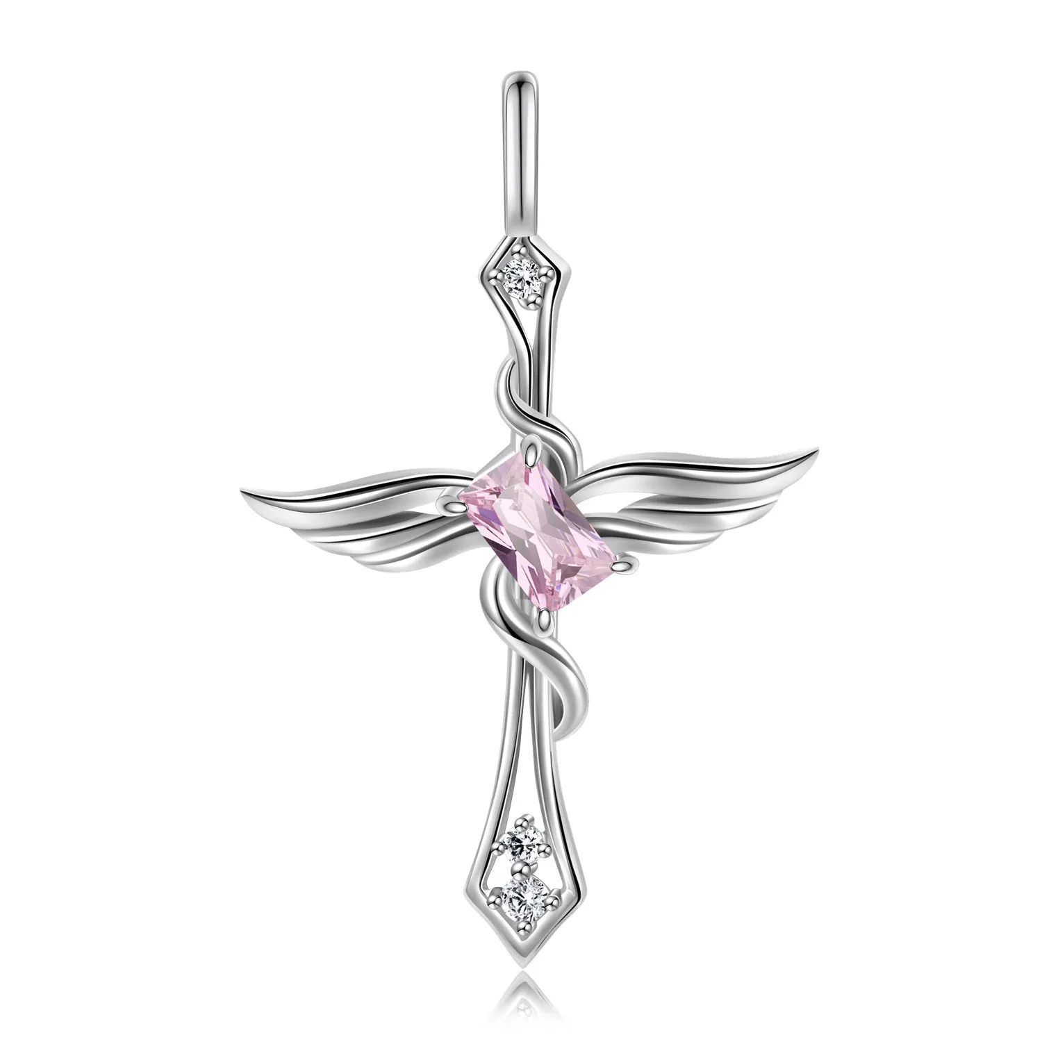 Colourful Radiant Cut Zircon Angle Wings Cross Pendant Silver Necklace