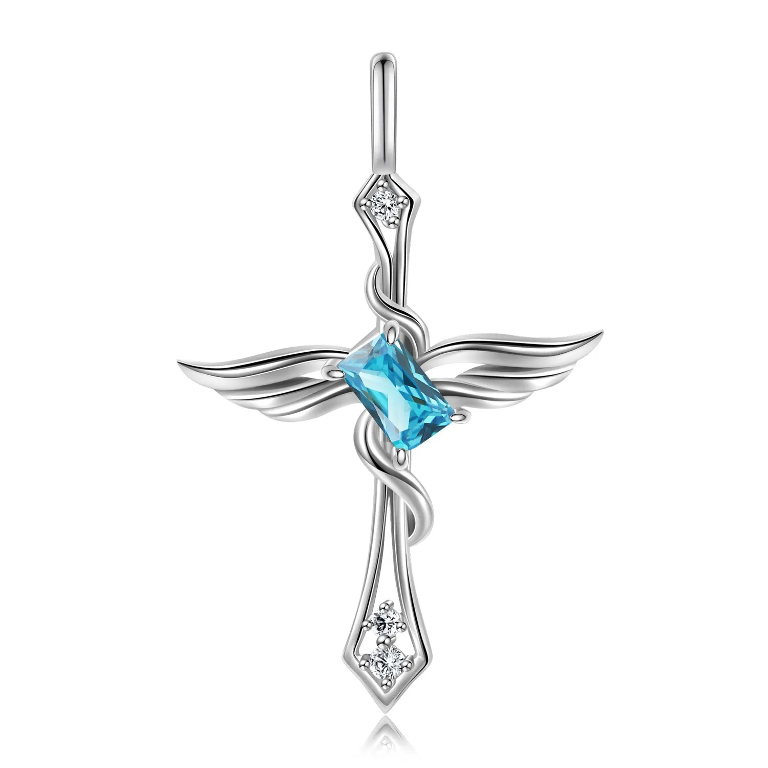 Colourful Radiant Cut Zircon Angle Wings Cross Pendant Silver Necklace