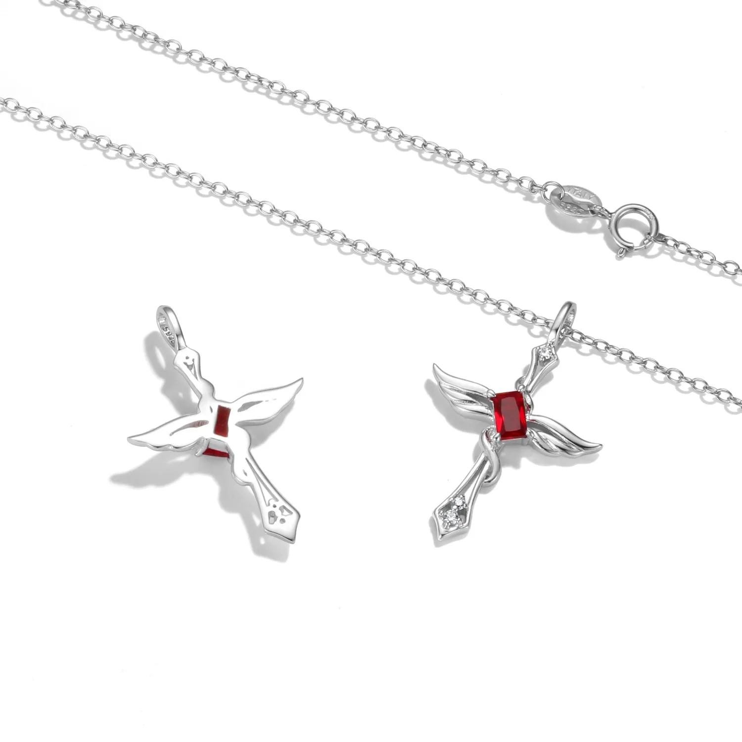 Colourful Radiant Cut Zircon Angle Wings Cross Pendant Silver Necklace