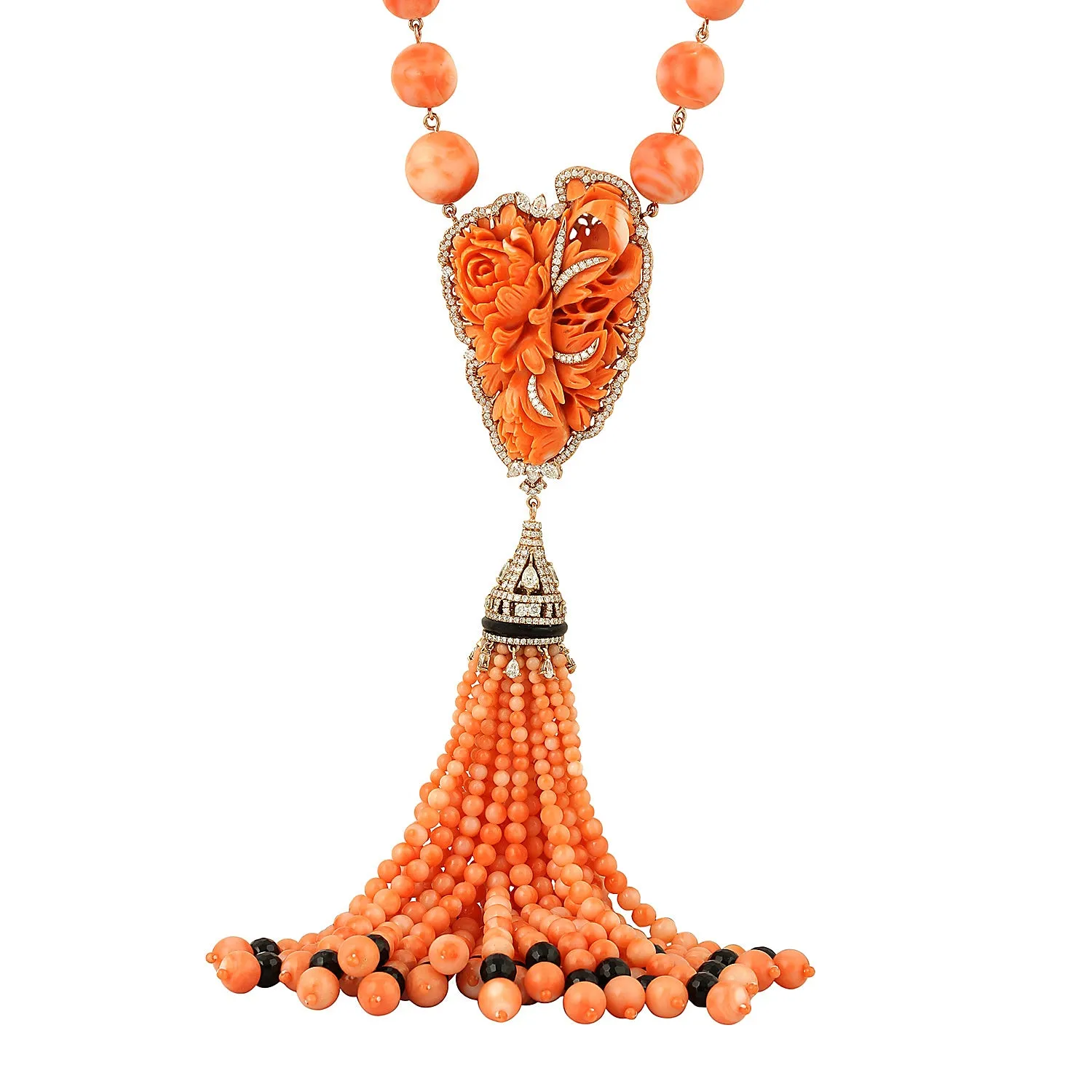 Coral Beads Onyx 18k Gold Diamond Designer Opera Necklace For Her On Sale