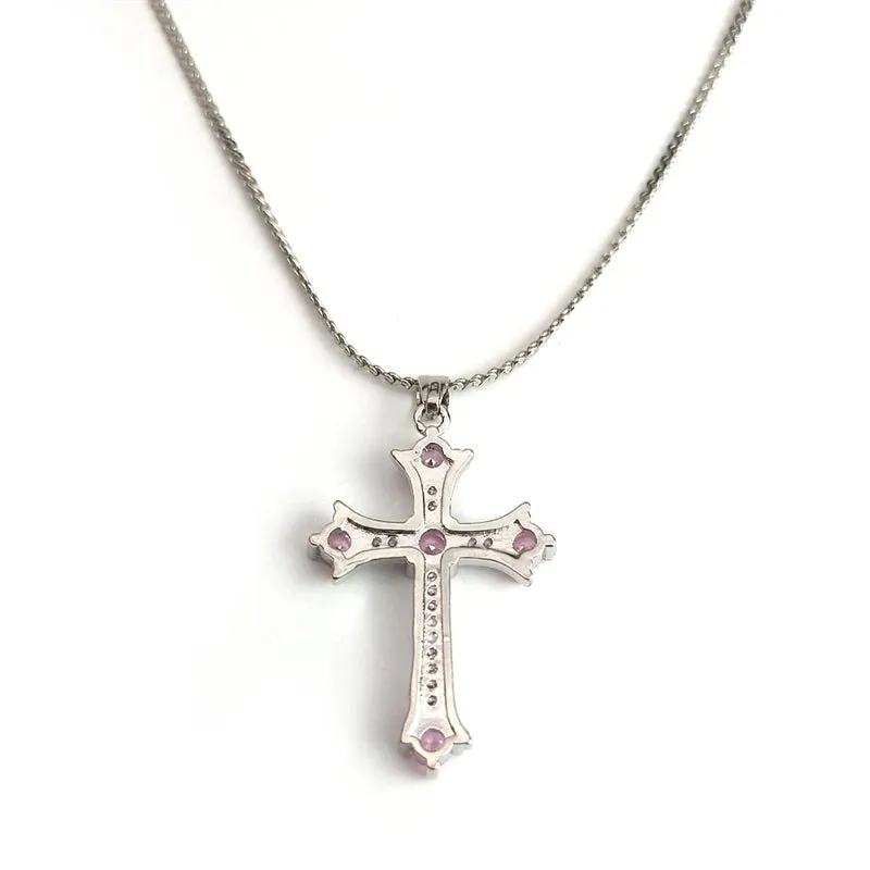 Cross Copper Pink Zircon Stones Pendant Necklace for Men and Women Stainless Steel