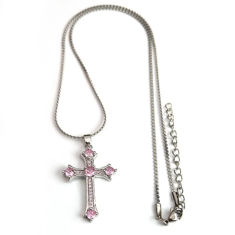 Cross Copper Pink Zircon Stones Pendant Necklace for Men and Women Stainless Steel