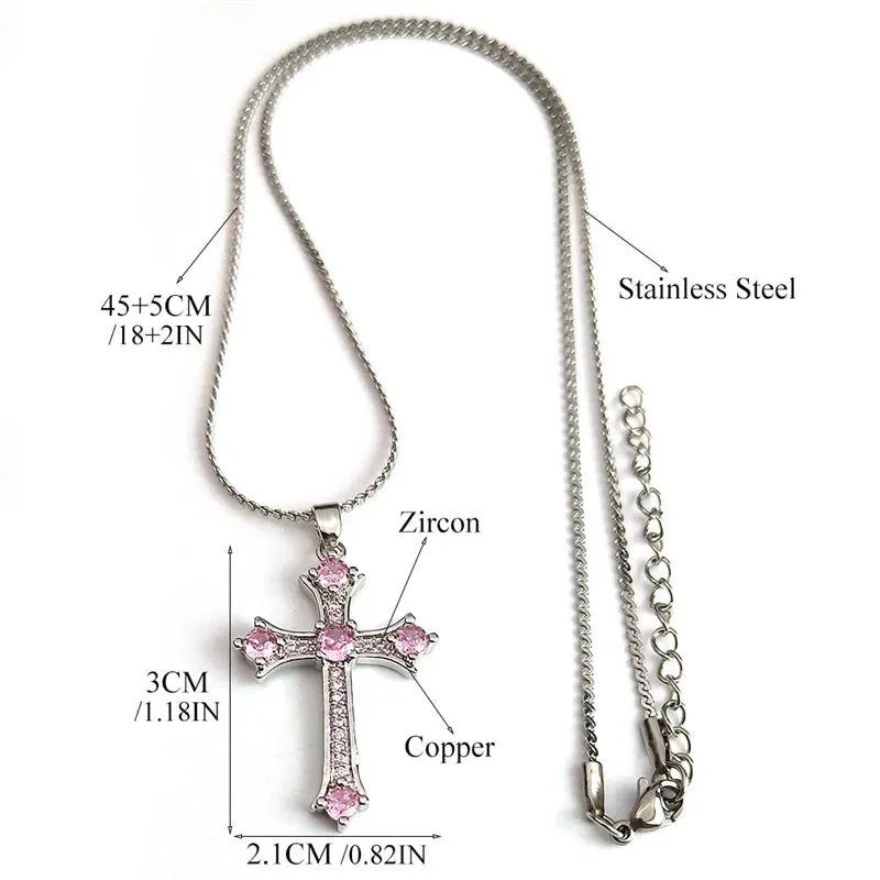 Cross Copper Pink Zircon Stones Pendant Necklace for Men and Women Stainless Steel