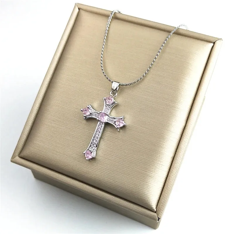 Cross Copper Pink Zircon Stones Pendant Necklace for Men and Women Stainless Steel