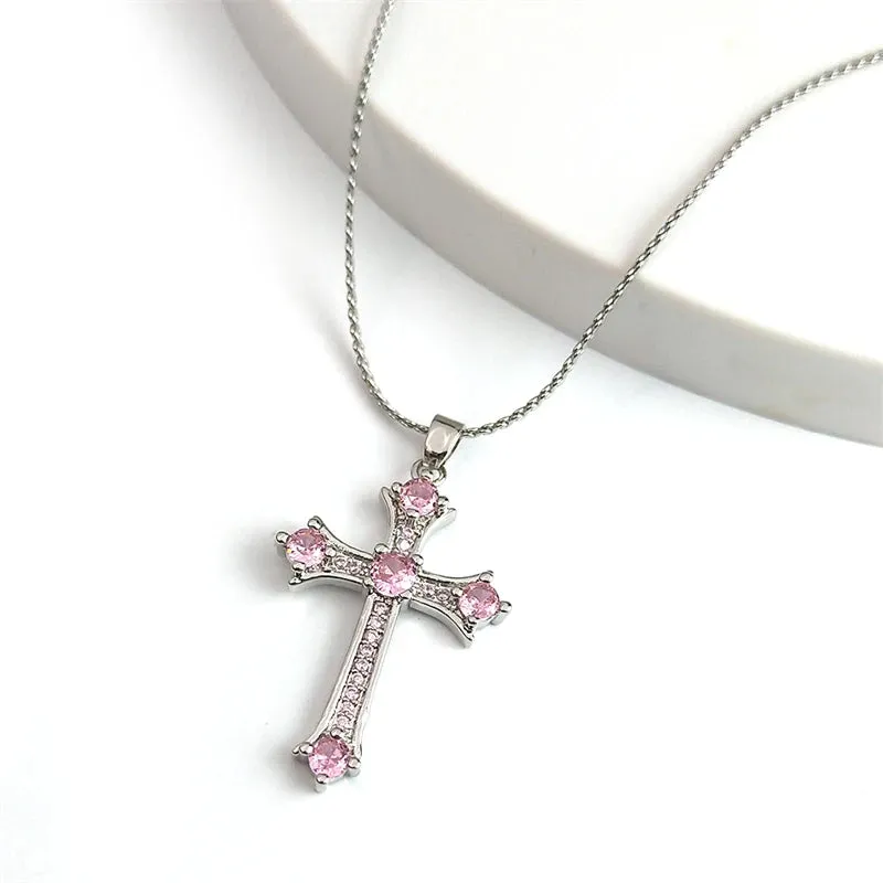 Cross Copper Pink Zircon Stones Pendant Necklace for Men and Women Stainless Steel