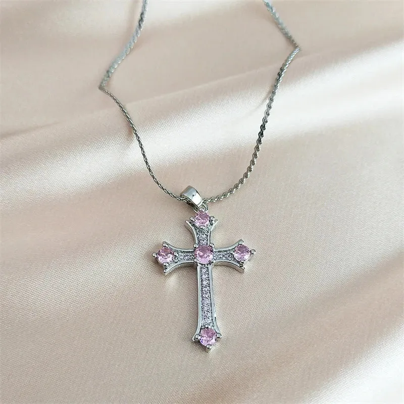 Cross Copper Pink Zircon Stones Pendant Necklace for Men and Women Stainless Steel