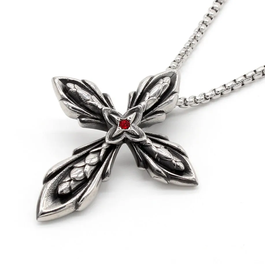 Cross Flower Red Zircon Titanium Steel Necklace for Men