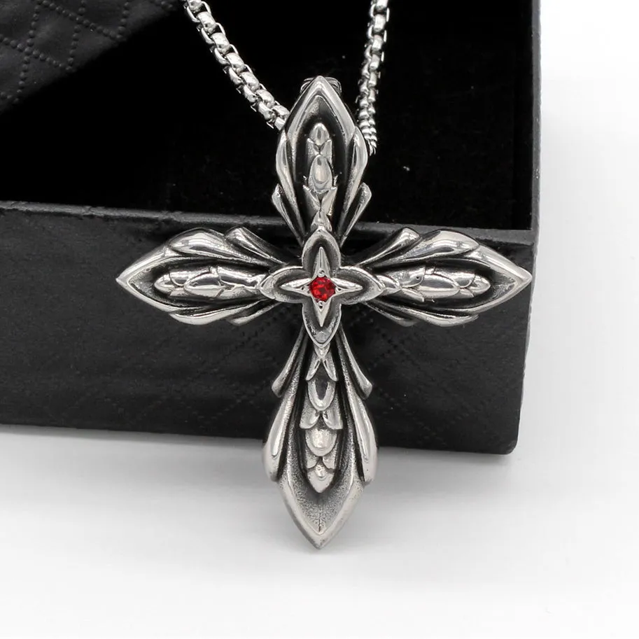 Cross Flower Red Zircon Titanium Steel Necklace for Men