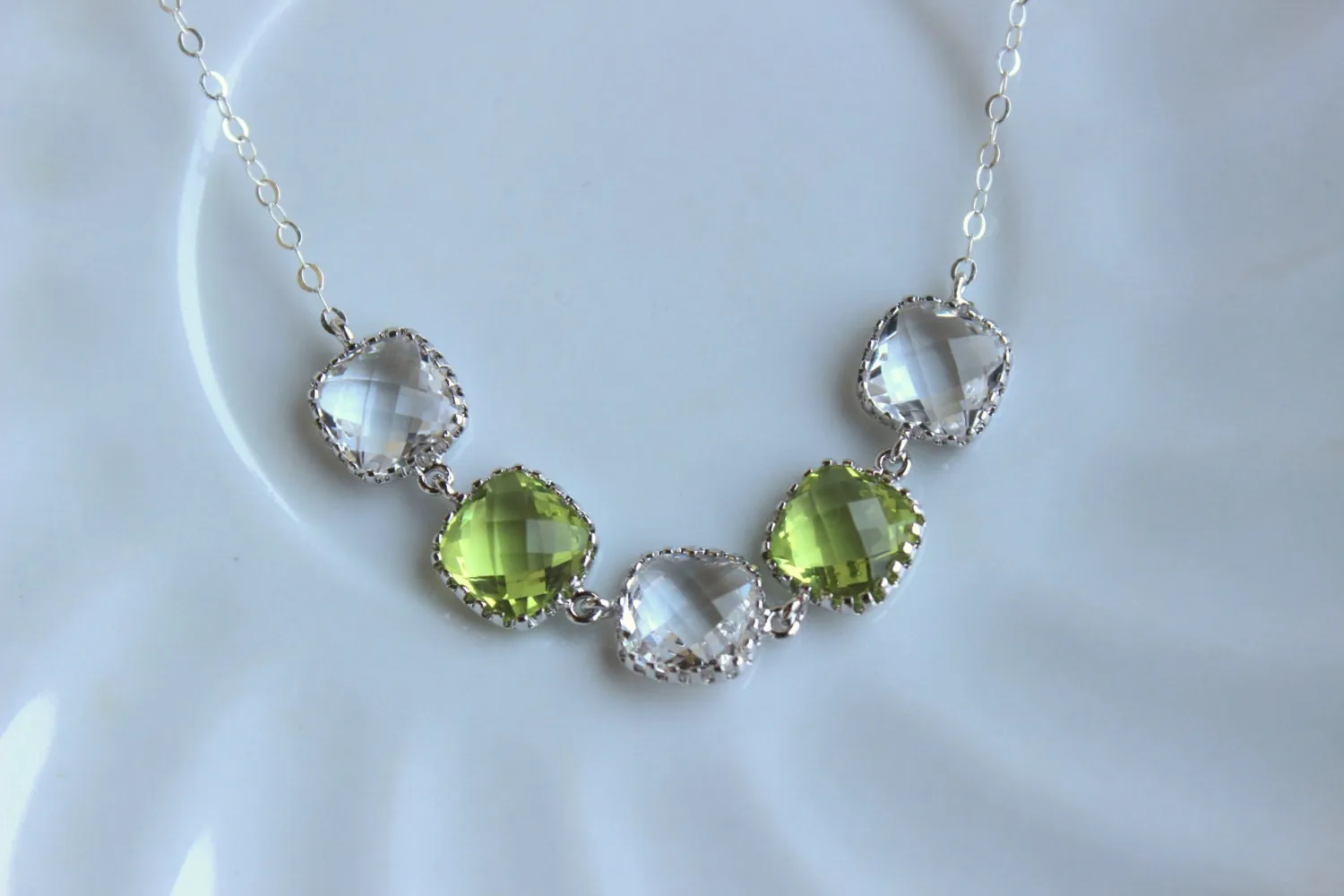 Crystal Clear Peridot Green Necklace Silver Necklace - Bridesmaid Gift Bridal Necklace Peridot Crystal Wedding Jewelry Bridesmaid Jewelry