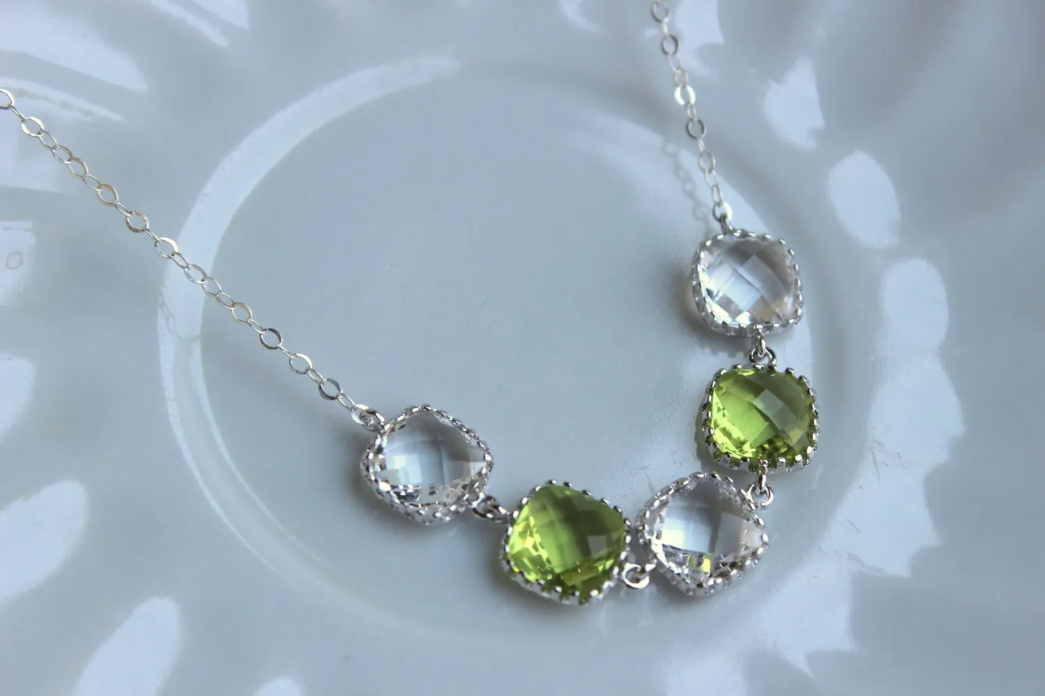 Crystal Clear Peridot Green Necklace Silver Necklace - Bridesmaid Gift Bridal Necklace Peridot Crystal Wedding Jewelry Bridesmaid Jewelry