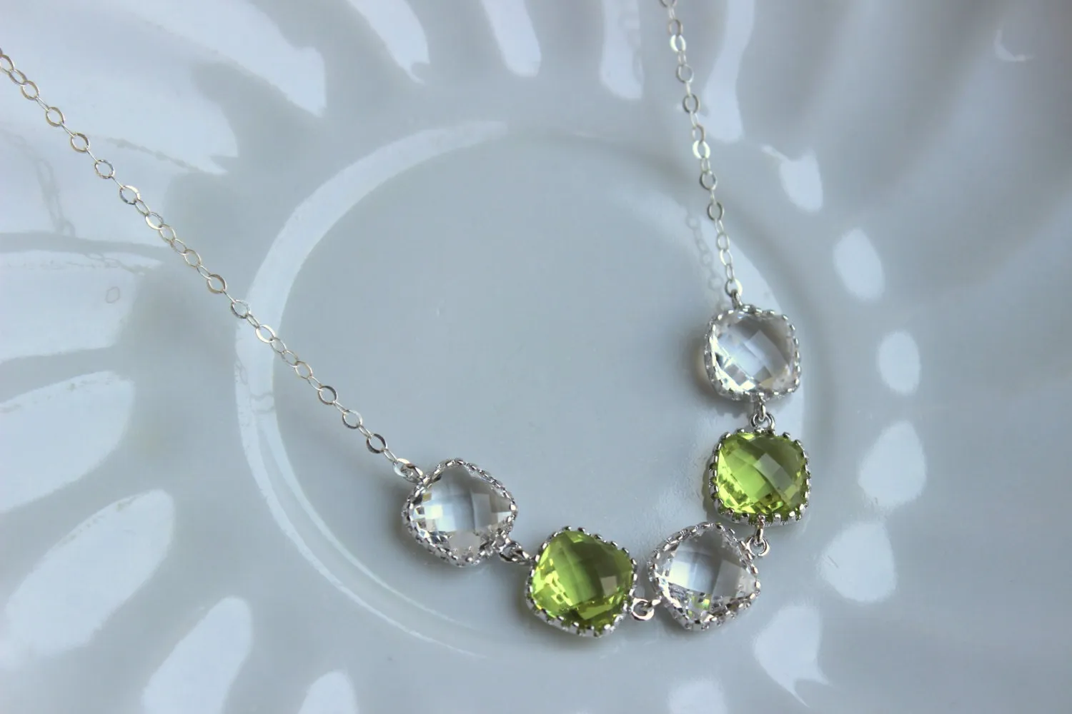 Crystal Clear Peridot Green Necklace Silver Necklace - Bridesmaid Gift Bridal Necklace Peridot Crystal Wedding Jewelry Bridesmaid Jewelry