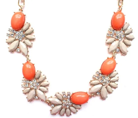 Crystal Stone Floral Necklace- Coral