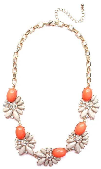 Crystal Stone Floral Necklace- Coral