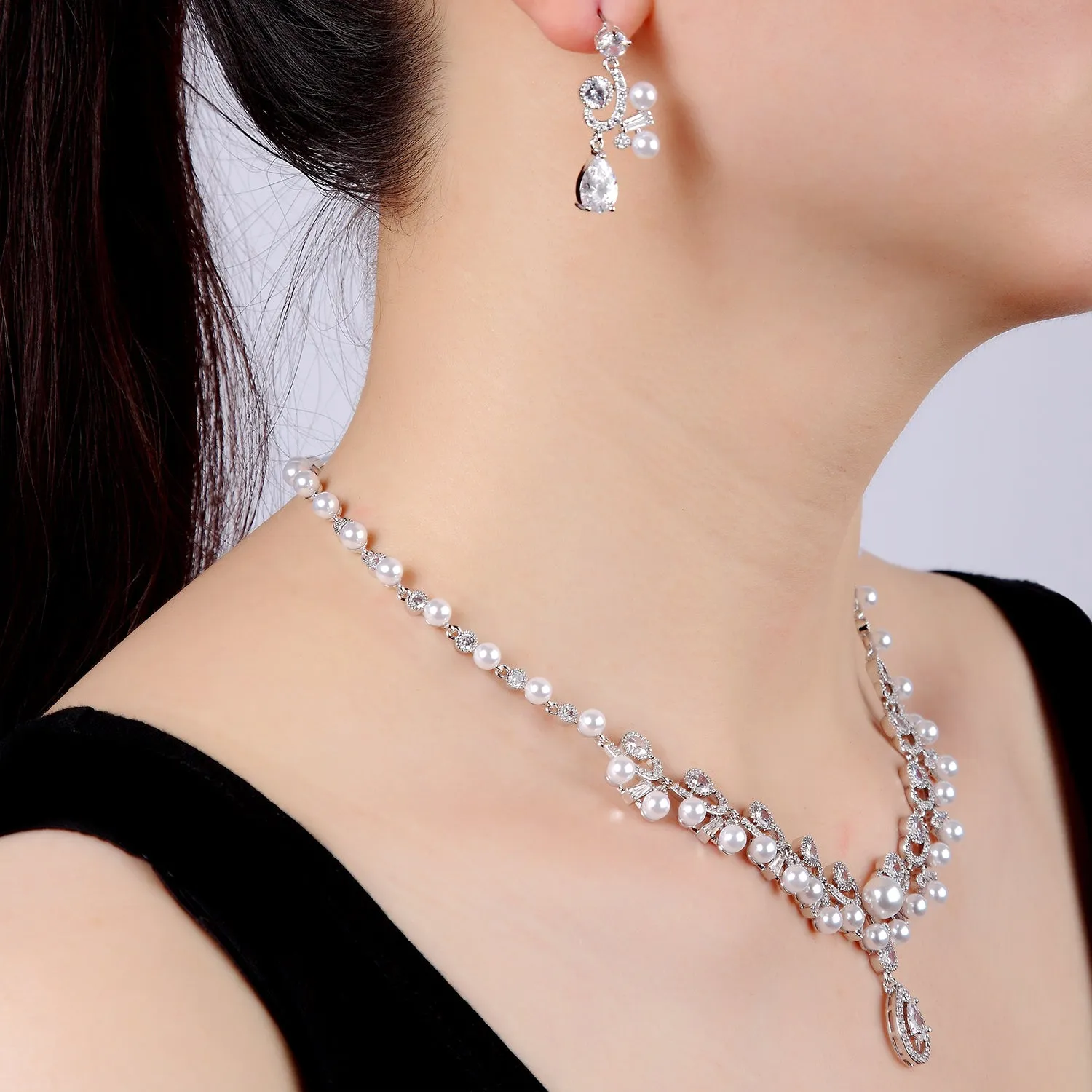 Cubic zirconia bride wedding necklace earring set CN10234