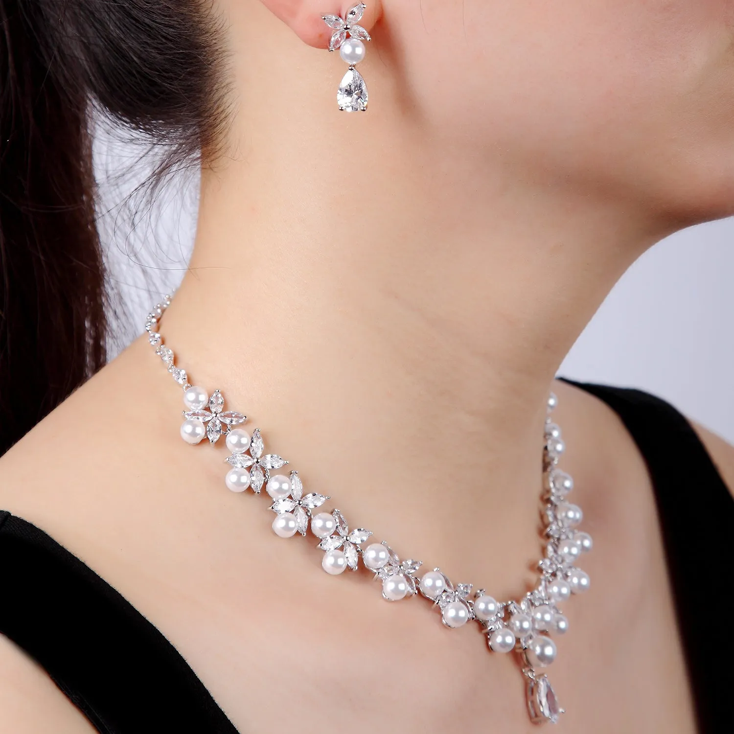 Cubic zirconia bride wedding necklace earring set CN10235