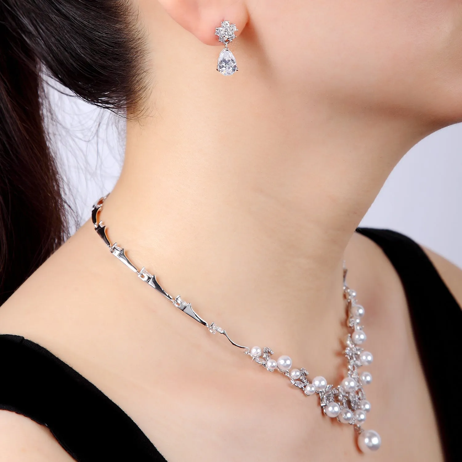 Cubic zirconia bride wedding necklace earring set CN10253