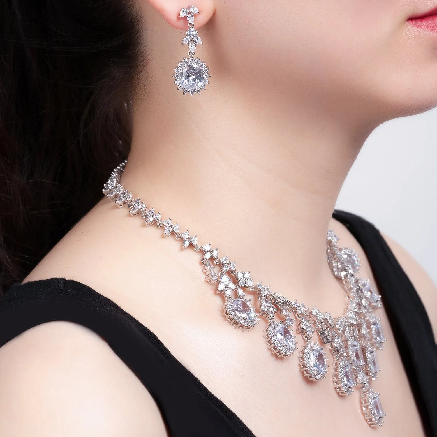 Cubic zirconia bride wedding necklace earring set CN10268