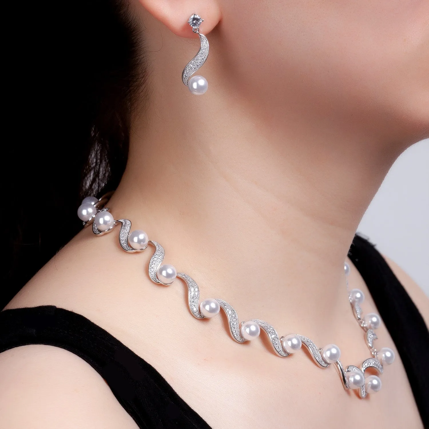 Cubic zirconia pearl wedding necklace earring set for bridal  CN10237