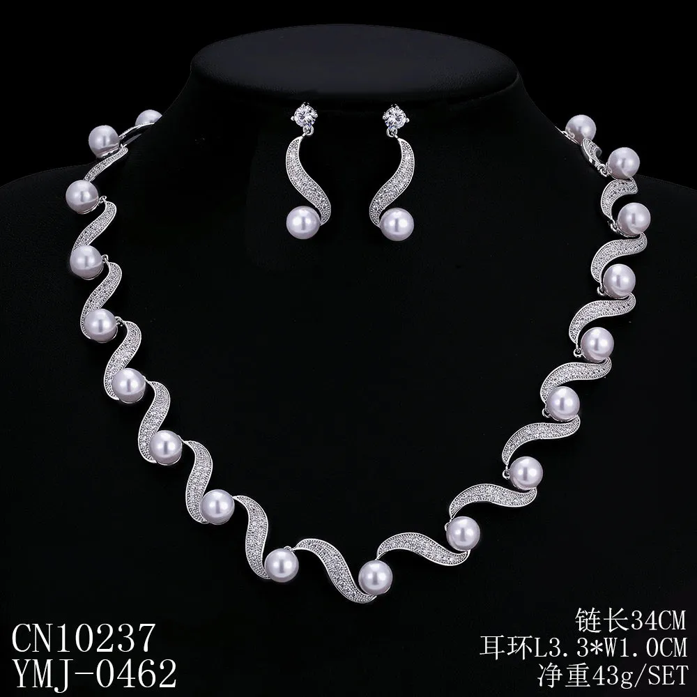 Cubic zirconia pearl wedding necklace earring set for bridal  CN10237