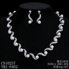 Cubic zirconia pearl wedding necklace earring set for bridal  CN10237